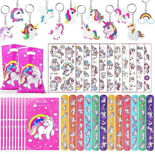 HEAWAA 44Pcs Licorne Anniversaire Fête Faveurs, Pinata Anniversaire avec Porte Clé Licorne Slap Bracelet Tatouage Temporaire Sacs de Fête Pour Enfants Fille Garçon