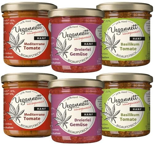 VEGANNETT Bio Brotaufstrich mit Hanf 6 x 135 g | Handwerklich hergestellter Aufstrich mit regionalem Gemüse und exotischen Gewürzen | Herzhaft, vegan & ohne Zusatzstoffe