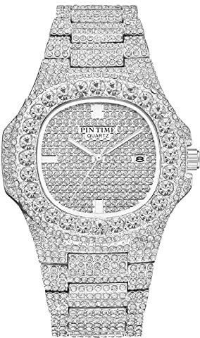Gosasa Herren/Damen Uni Kristalluhr Full Bling Iced-Out Kubanische Uhr länglich Silber/Gold Armbanduhr Hip-Hop Edelstahl Armband Uhr, D Silber, Neutraler Hip-Hop