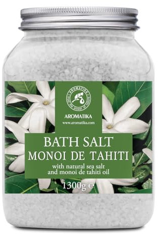 Meer Badesalz Monoi de Tahiti 1300g - Bade Meersalz mit Natürlichem Kokosöl und Tiare Blüten Extrakt - Aromatherapie Badewanne - Guter Schlaf - Baden - Entspannung - Badezusatz - Badeduft