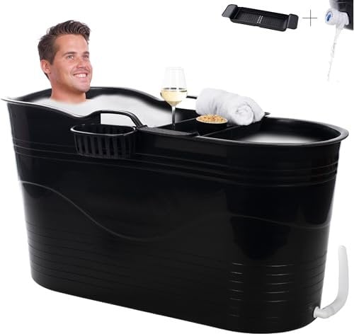 HelloBath® Mobile Badewanne für Erwachsene XL 122x56x64 cm | mit Badewannenablage & Seifenkorb | Komfortable Sitzbadewanne Erwachsene zur Tiefenentspannung | Badezimmer & Outdoor (Ultra-Schwarz)