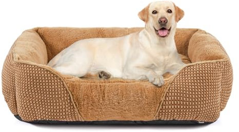 FURTIME Hundebett Mittelgroße Hunde, Hundebett Waschbar, Hundekorb Hundebetten Flauschig, rutschfeste & Anti Stress, erhöhte Ränder, Hundebett L für Mittelgroße und Kleine Hunde, 76x61x23cm Braun