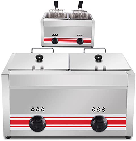 SKORDO Friteuse commerciale à double réservoir - Friteuse à gaz multifonction de grande capacité de 10 L/20 L/30 L avec panier en acier inoxydable double cylindre pour restaurant pour la cuisine à la