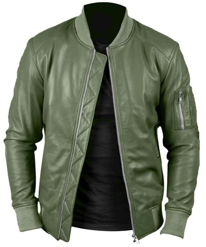 Rising Bloom Men's Genuine Real Leather Cafe Racer Vintage Fashion Slim Fit Retro Biker Bomber Style Lambskin Leather Jacket (UK, Alpha, M, Regular, Regular, Olive Green)
