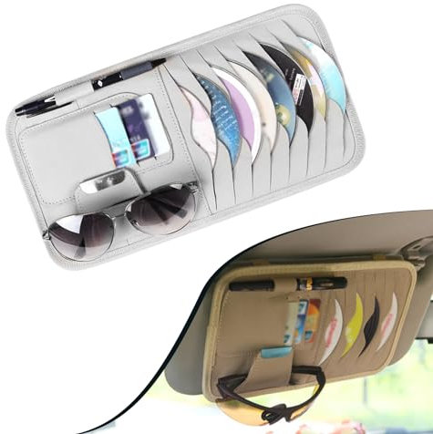 leediga 1 porta CD in pelle per auto, tasca organizer per aletta parasole con porta CD, porta carte, occhiali, universale, per auto, organizer per parasole (grigio)