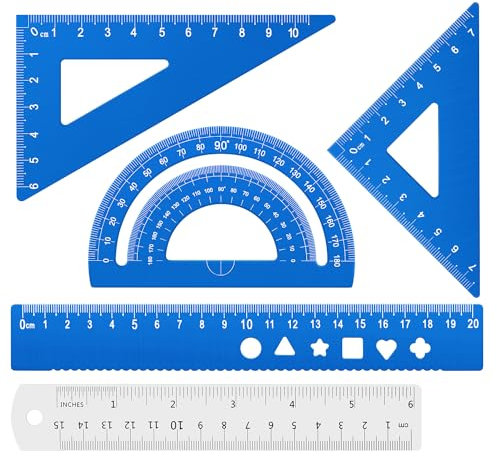 Honagu Dreieckiges Lineal-Set, 4 + 1 Stück Aluminiumlegierungs-Lineal, Metall-Zeichenlineal, geometrischer Winkelmesser für Studenten, Schule, Bürobedarf (Himmelblau, 20 cm)