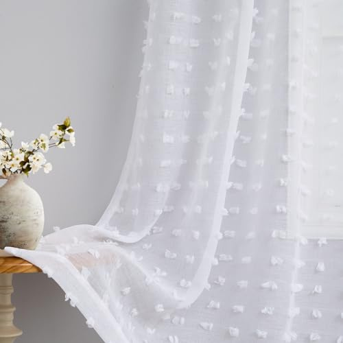White Bedroom Curtains 90 Inch Length 2 Panels Set for Living Dining Room White Pom Pom Fluffy Farmhouse Boho Drapes for Nursery Kids Teen Back Tab Pocket Curtain for Patio Sliding Door 52x90 Long