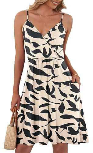 AUSELILY Sommerkleid Damen Spaghetti-Träge V-Ausschnitt Freizeitkleid Strandkleid mit Taschen Aprikose Black Leaf M