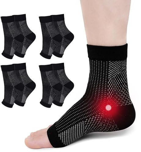 PUTUO Neuropathie Plantarfasziitis Socken Sprunggelenkbandage: Orthopädische Kompressionssocken Arthritis Fersensporn Socken für Damen Herren 4 Paare Schwarz S/M