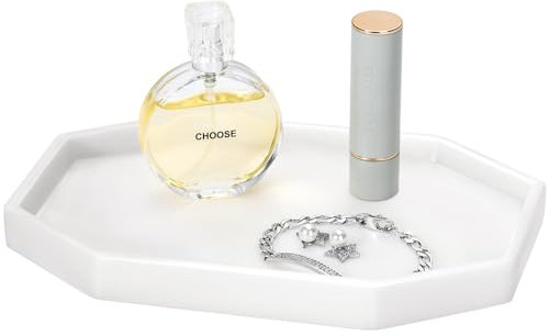 Shinowa 20cm Bandeja Octagonal Pequeña para Baño, Bandeja Decorativa de Resina para Perfume, Organizador para Anillos de Joyería, Bandeja de Baño para Velas, Perfume, Jabón, Champú,Blanco Leche
