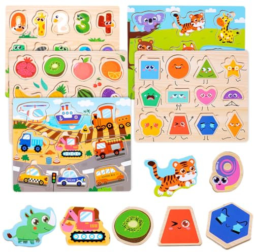 Holzpuzzle 5er Set, Steckpuzzle Holz ab 1 Jahr, Greifpuzzle, Tier Nummer Fahrzeuge Frucht Emotion Montessori Spielzeug, Kinderpuzzle Lernspielzeug, Holzpuzzle Baby
