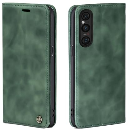 LBH Handyhülle für Sony Xperia 1 V in Grün mit Karten- und Geldfach Smartphone Hülle mit Standfunktion Flip Case Schutzhülle Magnetverschluss Vintage