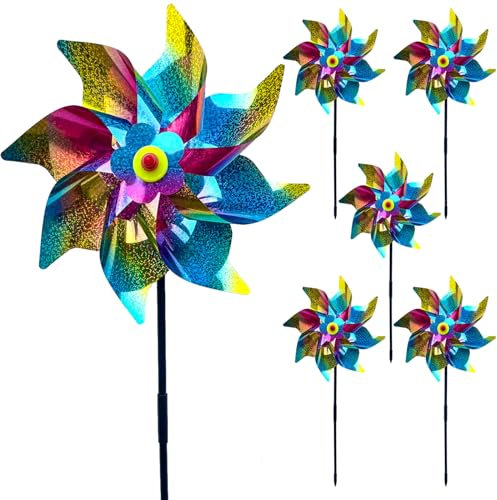 CIYIN Reflektierende Windräder, 6 Stücke Windrad Garten, Windräder Vogelabwehr, Taubenabwehr Windrad, Vogelschreck Vogelabwehr für Balkon, Garten, Obstgarten, Hof, Dach (Regenbogenfarben, ø 24cm)