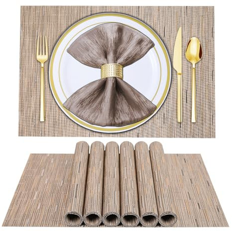 LIFEWAER Tovagliette Colazione Plastica Set di 4 Tovagliette Americane Lavabili Tovagliette Personalizzate Sottopiatti Pranzo per Tavolo da Cucina,S02 Marrone chiaro