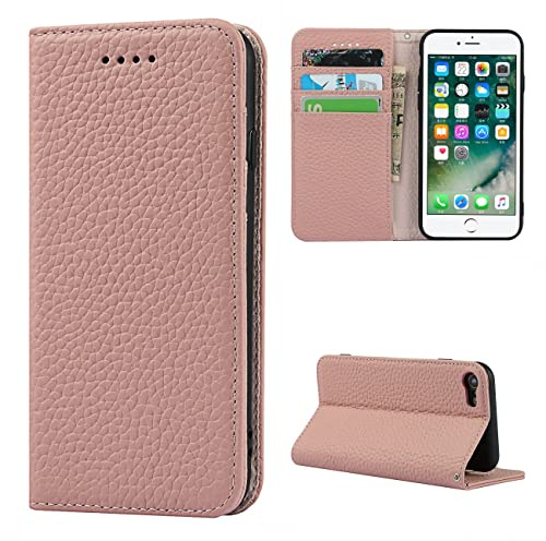 Cavor Phone Case compatible with iPhone 7/8/SE 2020/SE 2022,Flip Genuine Leather Wallet Case,[4 Card Holders][Magnetic][With Lanyard] Protective Cover Case - Pink