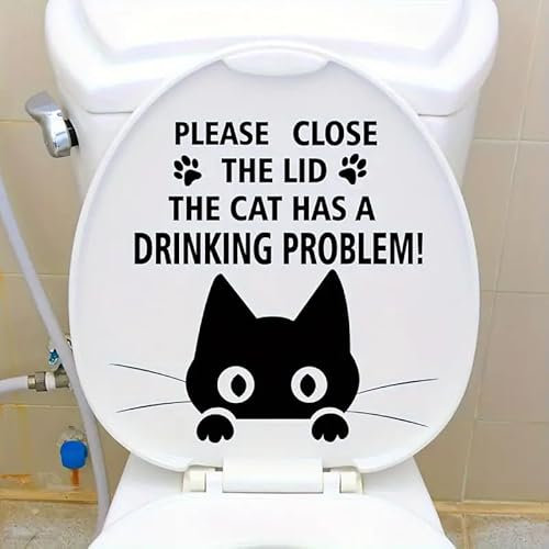 Funny Cat Toilet Cover Sticker Decals,Fish Bird Flower Leaf Waterproof Toilet Lid Tank Seat Decals Cistern Self-Adhesive Bathroom Wall Sticker