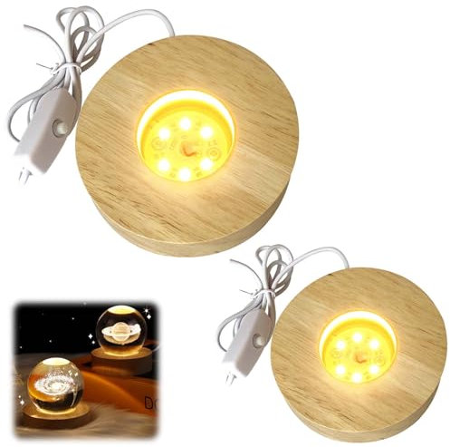 2 Stück Holz LED Lichtsockel, USB Led Leuchtsockel für Acrylglas Warme Farbe Holzsockel Rund Leuchten Ständer Display Basis für Kristallg Lensball Glas Acryl Schmuck Harz (8*8*2+10*10*2 Rund)