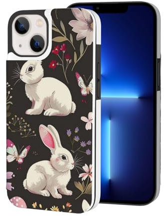 VVTDESA Festival Bunny Floral Printed Wallet Case for iPhone 13 Mini 13.7 cm with Card Holder, Pu Leather Card Slots Flip Phone Wallet Case White