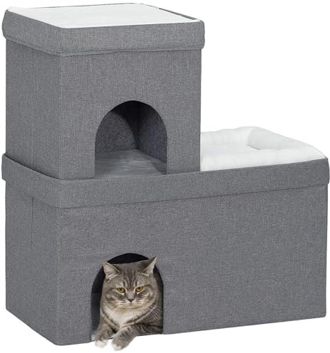 PawHut Katzenhöhle Katzenhütte, Katzenhaus mit 3 Ebenen, Katzenbett mit Kissen, Hundehaus für Katzen bis 5 kg, 74 x 37,5 x 78,5 cm, Grau