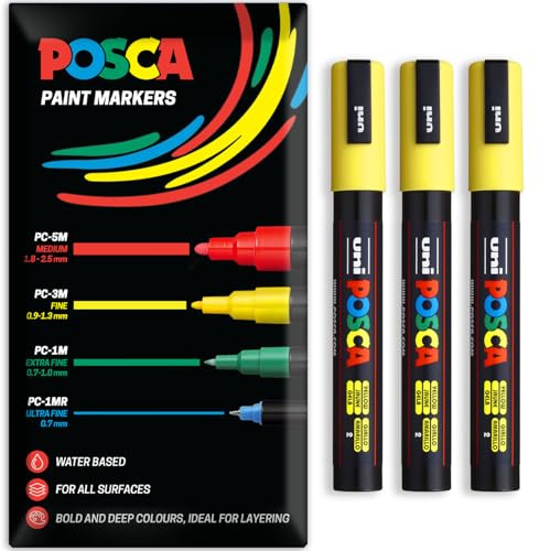 Posca Water Based Acrylic Paint Marker Pens | Multi Surface Use Permanent Paint Pen | Pack of 3 Pens in Envelope Gift Packaging | Glass, Fabric, Canvas, Wood etc | PC-5M, Yellow