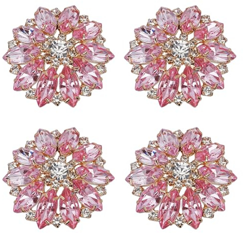 FINGERINSPIRE 4 Pcs Flower Alloy Clear Rhinestone Shank Buttons 39x40mm Hole 4mm Fuchsia Rhinestone Buttons Crystal Sew On Buttons Bouquet Rhinestone Buttons for Clothing DIY Decorate
