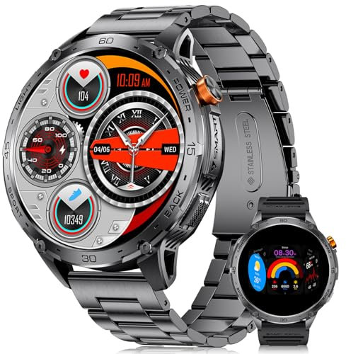 LIGE Military Smart Watch for Men Answer/Make Call, 5ATM Waterproof 730mAh 1.75 AMOLED Screen Fitness Watch with Heart Rate/SpO2/Sleep Monitor 110+ Sport Modes for Android iOS Black Steel Strap