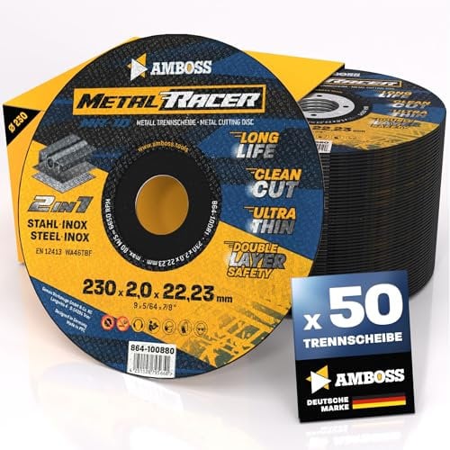 50x Metall-Trennscheibe Ø 230 x 2 x 22.23mm - Die Metalltrennscheibe Metal Racer by AMBOSS WERKZEUGE ist geeignet für Stahl & Edelstahl, Stahl/Inox Trennscheibe 230 passend für Winkelschleifer