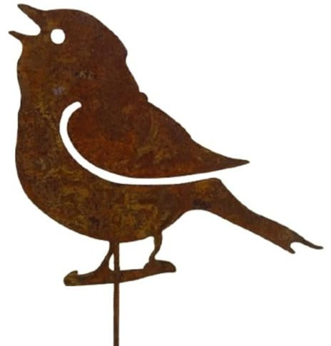 Beetstecker Vogel Spatz incl. Stab 28 x 12 cm, Kleiner Dicker Spatz 16 x 12 cm Metall Rost Blumentopf Garten Stecker Figur Deko SRBG K15