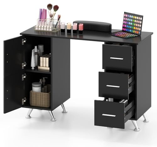 RELAX4LIFE Maniküretisch, Nageltisch mit Schubladen und Schränken, Nagelstudio Tisch mit Handauflage, Nageldesign Tisch mit Metallbeinen für Zuhause, Schönheitssalon, Nagelstudio, Make-up (Schwarz)