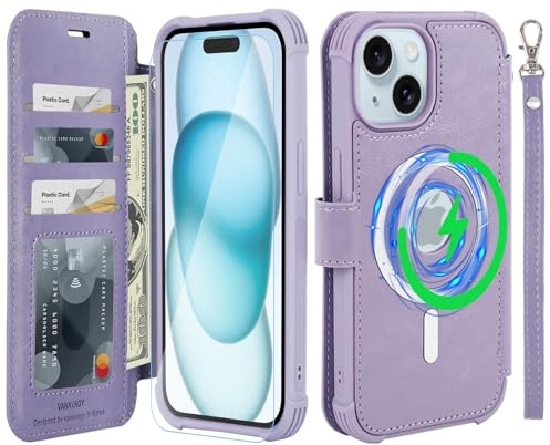 VANAVAGY Wallet Case for iPhone 15 Plus/14 Plus for Magsafe,Clove Purple | PU Leather Flip,Slim,12ft Drop Protection,RFID Blocking Card Holder,Magsafe Wireless Charging,Includes Screen Protector