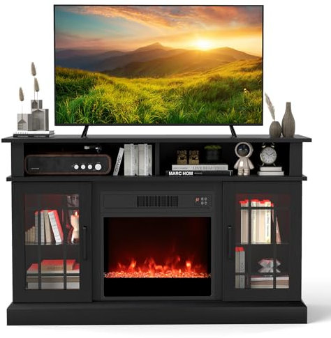 COSTWAY Electric Fireplace Insert TV Stand, Entertainment Center Console Table for 50 TVs with RGB LED Lights, Adjustable Flame, Overheat Protection Fireplace Heater & Remote Controls (Black)