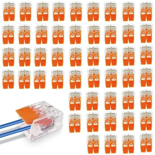 50 Stück Kabelverbinder 2-Leiter, Klemmen bis 4 mm², Verbindungsklemmen Klemme mit Betätigungshebel, Kabelklemmen Elektro, Klemme Lüsterklemmen für Feste Kabe