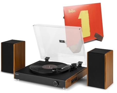 Audizio RP335 Retro Record Player with Bluetooth, Built-In Stereo Speakers & Wooden Vinyl Record Display Stand - Vintage Turntable & Album Storage Bundle