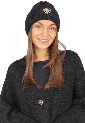 Seasons of April Damen Mütze Zoe, Espresso/Creme/Bordeaux/Khaki/Schwarz, 100% Viskose, Strick mit Herz-Detail, Herbst/Winter
