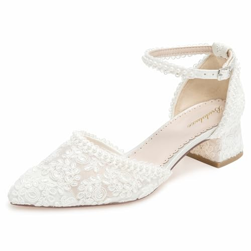 Bridaluxe 1601 Women’s Closed Toe Wedding Shoes 1.77 Inch Low Block Heel Lace Pearl Ankle Strap Bridal Pumps Color Ivory,Size 5.5 UK/39 EU