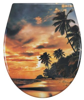 Fanmitrk WC Sitz mit Absenkautomatik, Toilettendeckel Duroplast, Klodeckel mit Schnellverschluss, Montage von oben, Toilettensitz mit Motiv (Strand Sonnenuntergang)