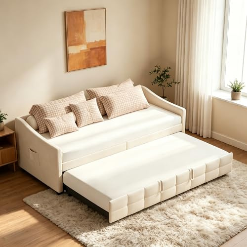 HFASD Ausziehbares Schlafsofa 90/180 x 200 cm, Tagesbett Ausziehbar mit Lattenrost, Ausziehbett mit Seitentasche, Daybett Ausziehbar, Funktionsbett, Flanell, ohne Matratze (Cremefarben)