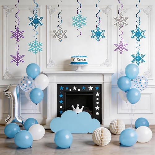 ZenyTra 20 Stück Schneeflocken Spiralen Deko - 4 Farben Mix Set (Je 5x Blau, Silber, Grün, Lila) Wirbel Girlande Deckenhänger für Frozen Party, Winterfest, Karneval & Weihnachtsdekoration