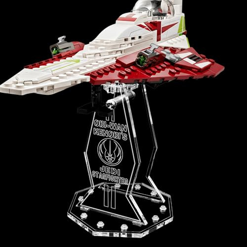 Premium Gravur Acryl Display Ständer kompatibel zu Lego 75333 Obi-Wan Kenobis Jedi Starfighter | 5mm Halterung | Hochwertiger Präsentationsständer Schwebender Effekt | Drehbar & Neigbar | Nur Ständer