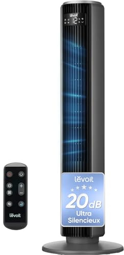 Levoit Ventilatore a Torre 20 dB, 3 Modalità, 5 Velocità, Oscillazione 90° Timer 12H, Risparmio 26W, per Camera Letto, 92 cm, Grigio