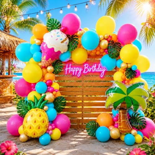 SNLN 135Pcs Hawaiian Tropical Luau Balloon Arch Kit With Palm Tree Pineapple Icecream Foil Balloon for Summer Beach Pool Hawaiian Luau Tropical Birthday Baby Shower Party Decorations Supplies