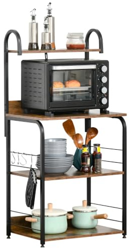 HOMCOM 4-Tier Baker's Rack with Storage, Microwave Stand, Rustic Brown | 4 Hooks, for Small Spaces, Kitchen Storage Unit, for Spices, Pots and Pans