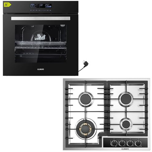 Gas Herdset | 60cm Einbaubackofen | Gaskochfeld 4 flammig | Gasokchfeld mit VOLLKUPFER-BRENNERN | Airfry Funktion | Grill | Heißluft | AQUA CLEAN