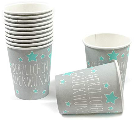 Frau WunderVoll® 12 PAPPBECHER, HERZLICHEN GLÜCKWUNSCH, 240 ml/Einwegbecher, Trinkbecher, Papierbecher, Einweggeschirr, Geschirr, Hochzeit, Kindergeburtstag, Partygeschirr