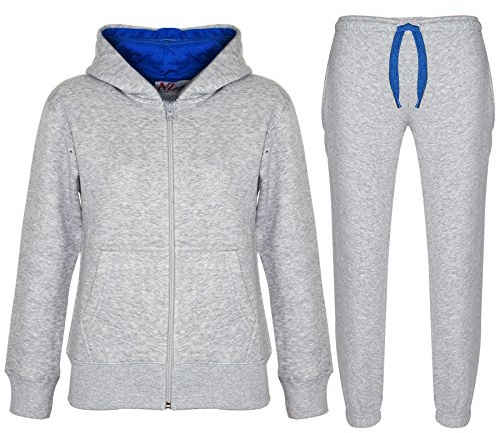A2Z 4 Kids Plain Tracksuit Contrast Fleece Hoodie with Joggers - T.S Contrast Trim Grey & Blue 11-12