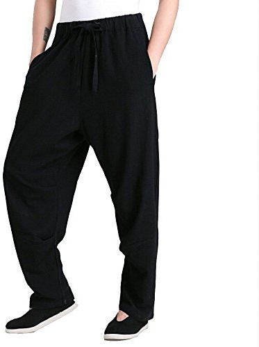 ZooBoo Men's Martial Arts Pants Kung Fu Linen Trousers Tang Suit Pants (XL, Black)
