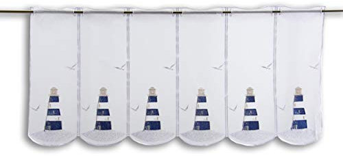 Scheibengardine Leuchtturm Bestickt blau Höhe 45cm oder 60cm | Breite der Gardine frei wählbar in 16cm Schritten | Gardine | Panneaux (Höhe 45cm)
