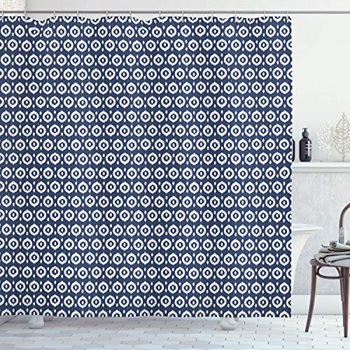 ABAKUHAUS Ikat Duschvorhang, Kreis-Punkte Asian, Stoffliches Gewebe Badezimmerdekorationsset mit Haken, 175 x 200 cm, Dunkelblau Weiß