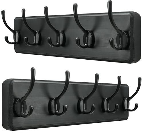 SKOLOO Garderobenleiste Holz Schwarz(2 Stück), 44 cm langer, hölzerner Kleiderhaken Wand, Rustikaler Stil, Stabil garderobenhaken mit 5 Haken