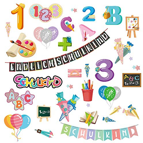 Oblique Unique® Schuleinführung Aufkleber Set ABC Zahlen Luftballons Stifte Tafel Endlich Schulkind Sticker Einschulung Deko Kinder Lernen Bunt